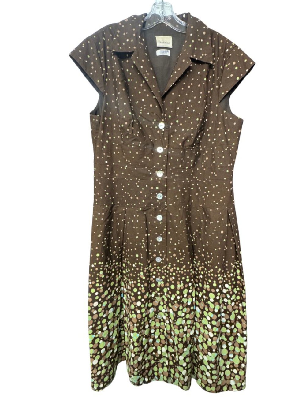 Vintage Inspired Brown Green Polka Dot Shirt Dress Button Front Midi Retro XL - Picture 2 of 8